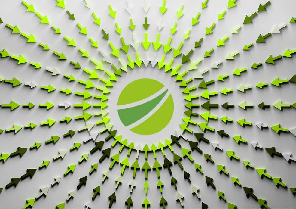 Grüne Pfeile zeigen auf MKBauImm-Logo als Orientierungssymbol