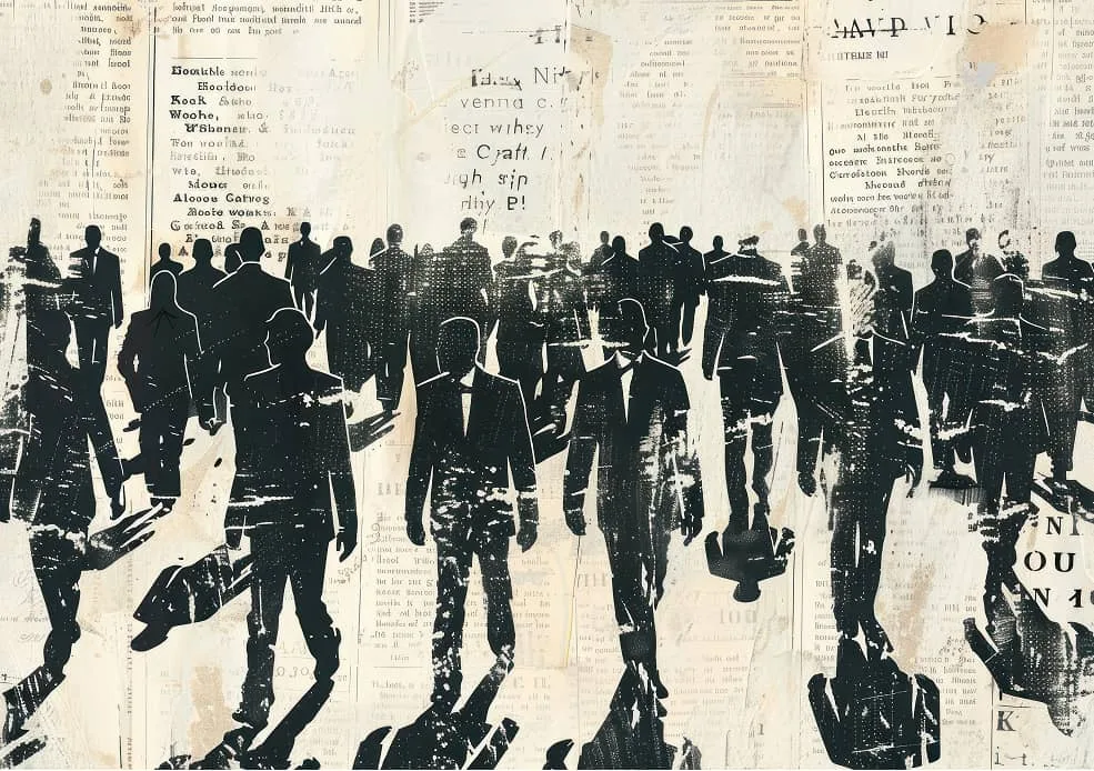 Silhouetten von Personen vor historischem Zeitungshintergrund