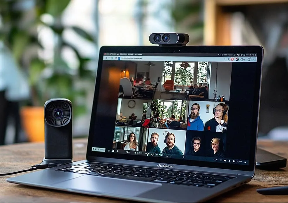 Laptop mit Videokonferenz-Kacheln und externer Webcam auf Tisch